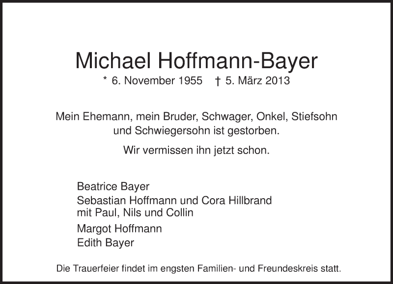  Traueranzeige für Michael Hoffmann-Bayer vom 10.03.2013 aus Tagesspiegel