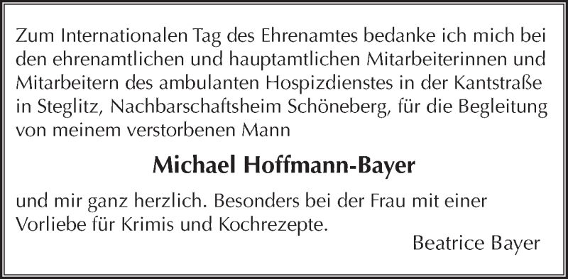  Traueranzeige für Michael Hoffmann-Bayer vom 05.12.2013 aus Tagesspiegel