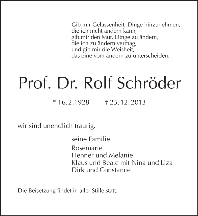  Traueranzeige für Rolf Schröder vom 29.12.2013 aus Tagesspiegel