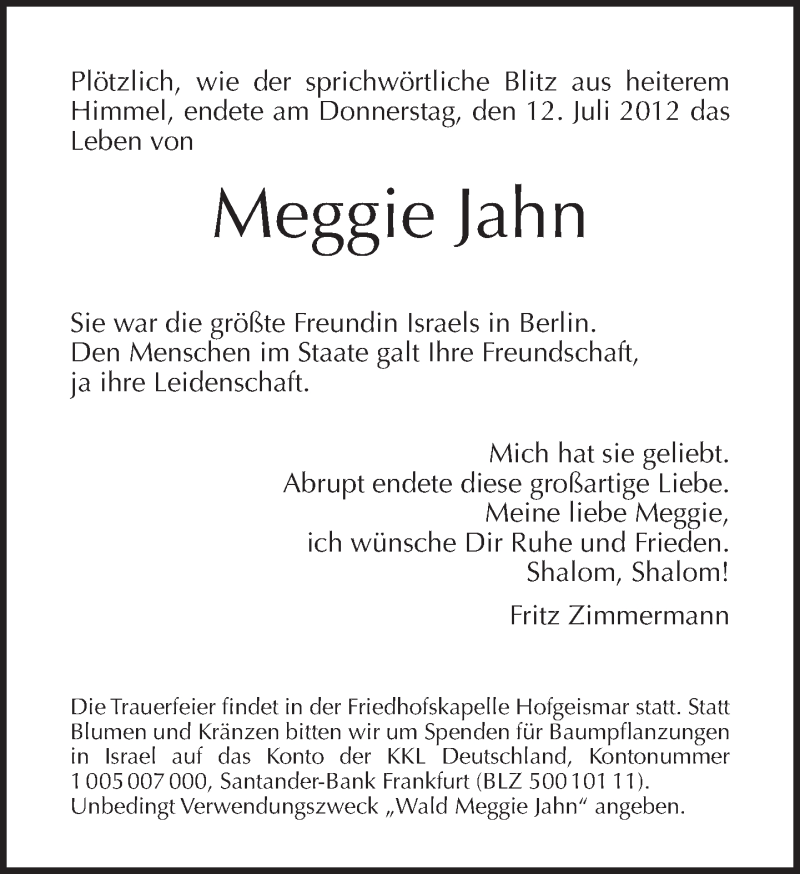  Traueranzeige für Meggie Jahn vom 22.07.2012 aus Tagesspiegel