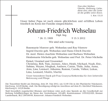 Traueranzeige von Johann-Friedrich Wehselau von Tagesspiegel