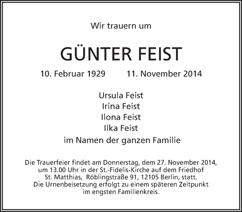  Traueranzeige für Günter Feist vom 23.11.2014 aus Tagesspiegel