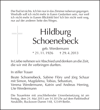 Traueranzeige von Hildburg Schoenebeck von Tagesspiegel