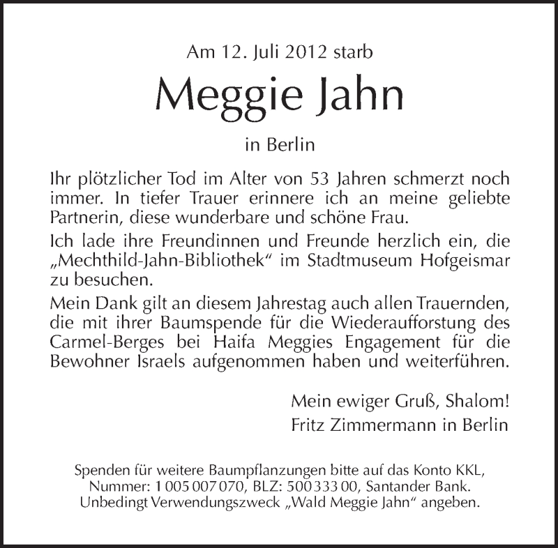  Traueranzeige für Meggie Jahn vom 14.07.2013 aus Tagesspiegel