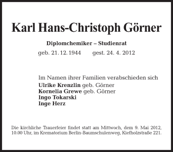 Traueranzeige von Karl Hans-Christoph Görner von Tagesspiegel