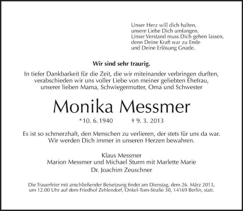 Traueranzeige für Monika Messmer vom 17.03.2013 aus Tagesspiegel