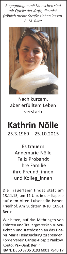  Traueranzeige für Kathrin Nölle vom 01.11.2015 aus Tagesspiegel