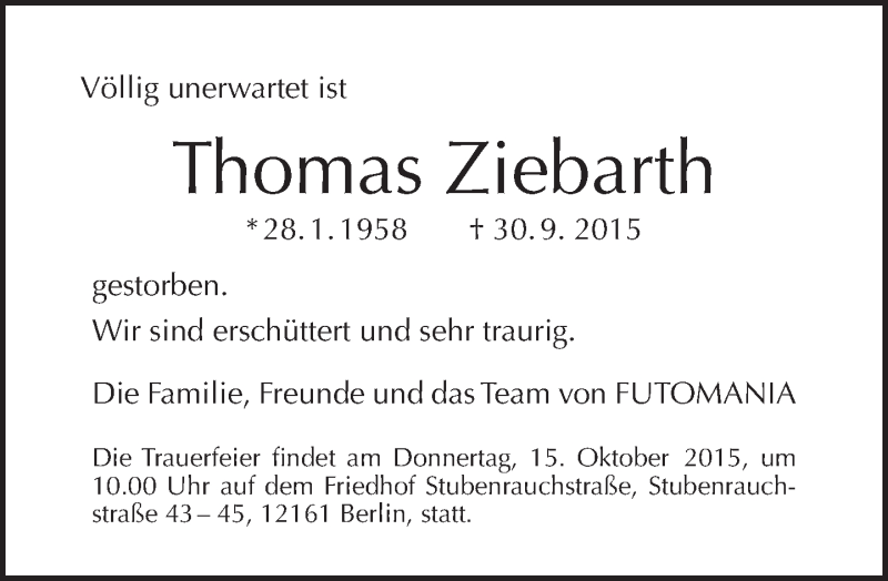  Traueranzeige für Thomas Ziebarth vom 11.10.2015 aus Tagesspiegel