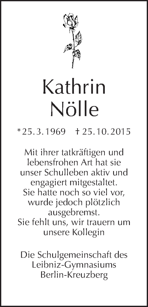  Traueranzeige für Kathrin Nölle vom 08.11.2015 aus Tagesspiegel