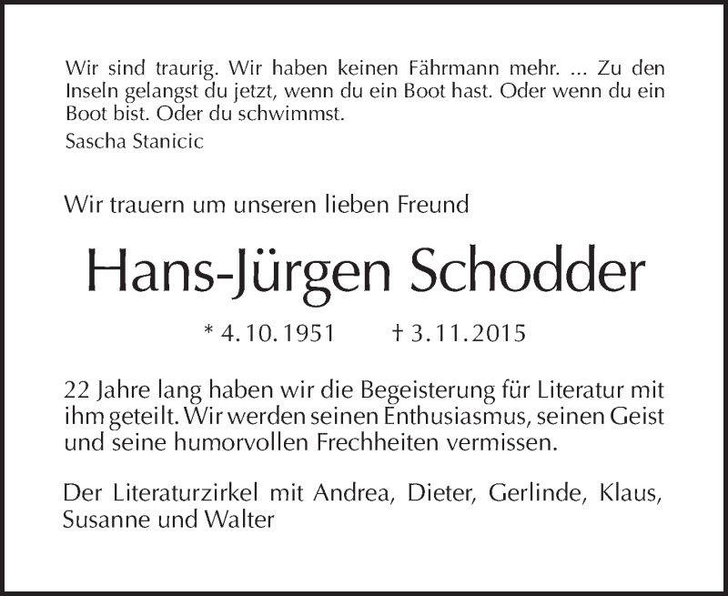  Traueranzeige für Hans-Jürgen Schodder vom 08.11.2015 aus Tagesspiegel