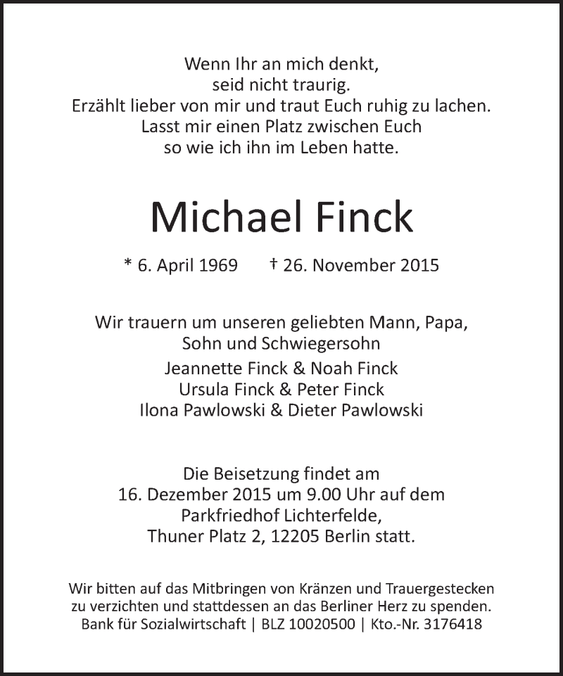  Traueranzeige für Michael Finck vom 06.12.2015 aus Tagesspiegel