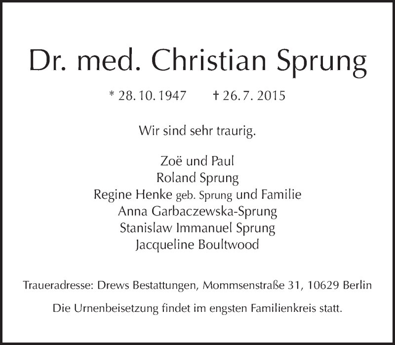  Traueranzeige für Christian Sprung vom 02.08.2015 aus Tagesspiegel