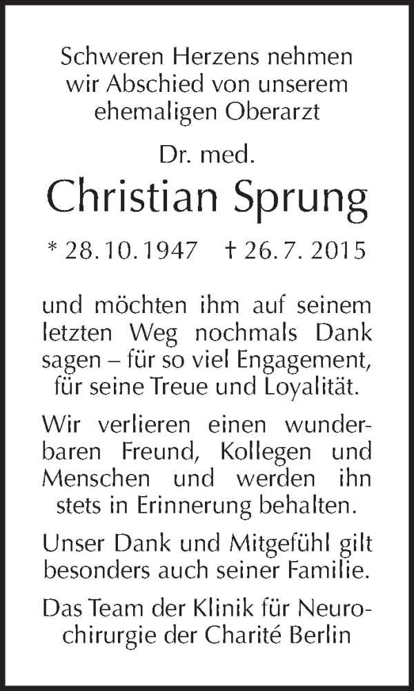  Traueranzeige für Christian Sprung vom 31.07.2015 aus Tagesspiegel
