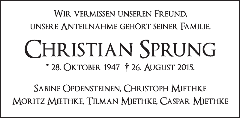  Traueranzeige für Christian Sprung vom 02.08.2015 aus Tagesspiegel