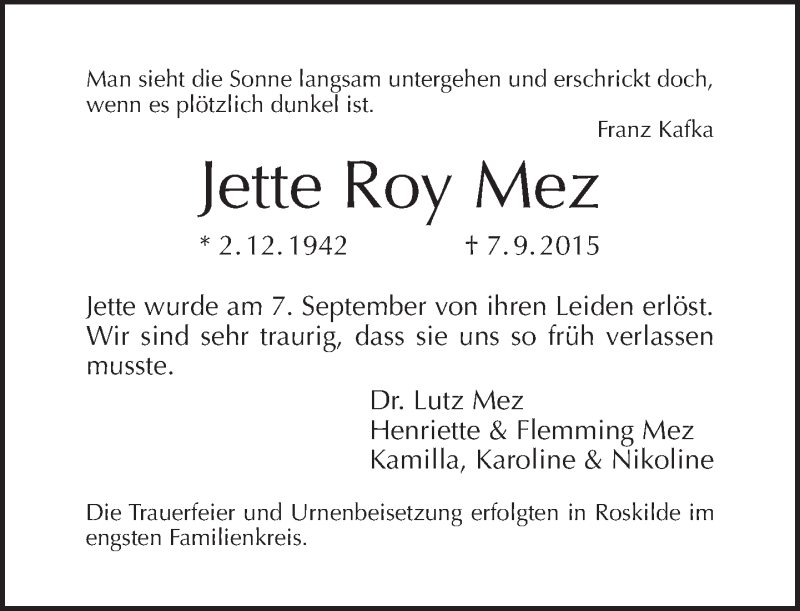  Traueranzeige für Jette Roy Mez vom 27.09.2015 aus Tagesspiegel