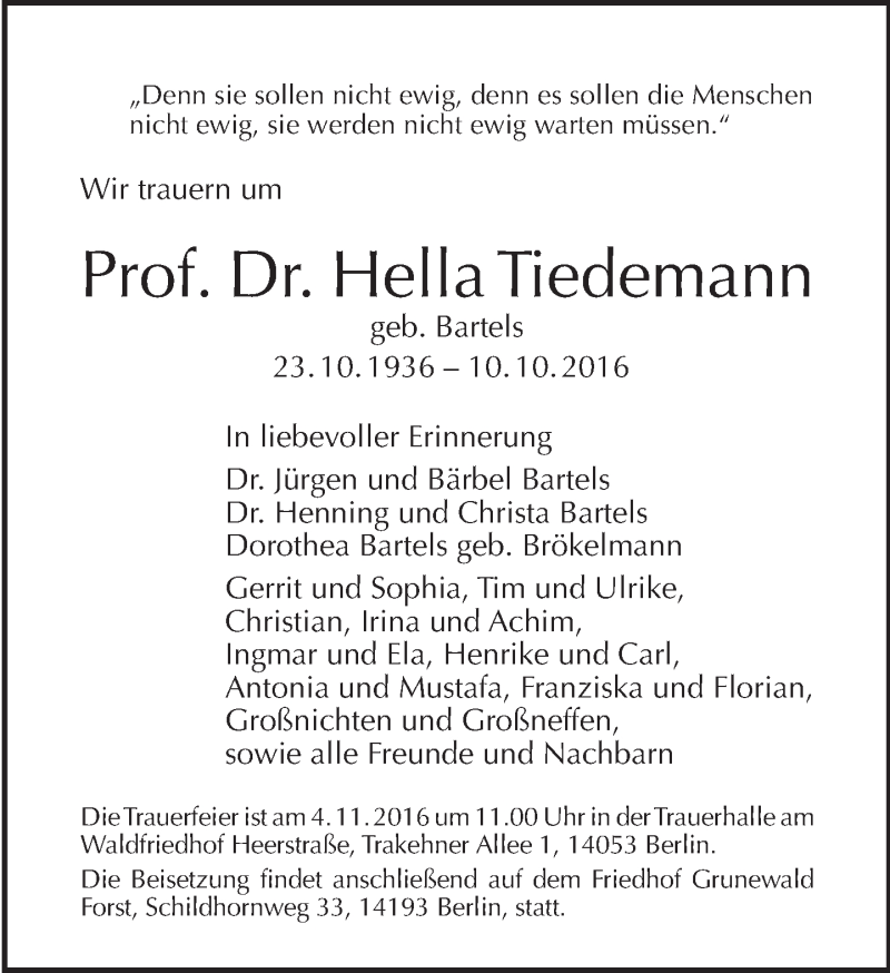  Traueranzeige für Hella Tiedemann vom 16.10.2016 aus Tagesspiegel