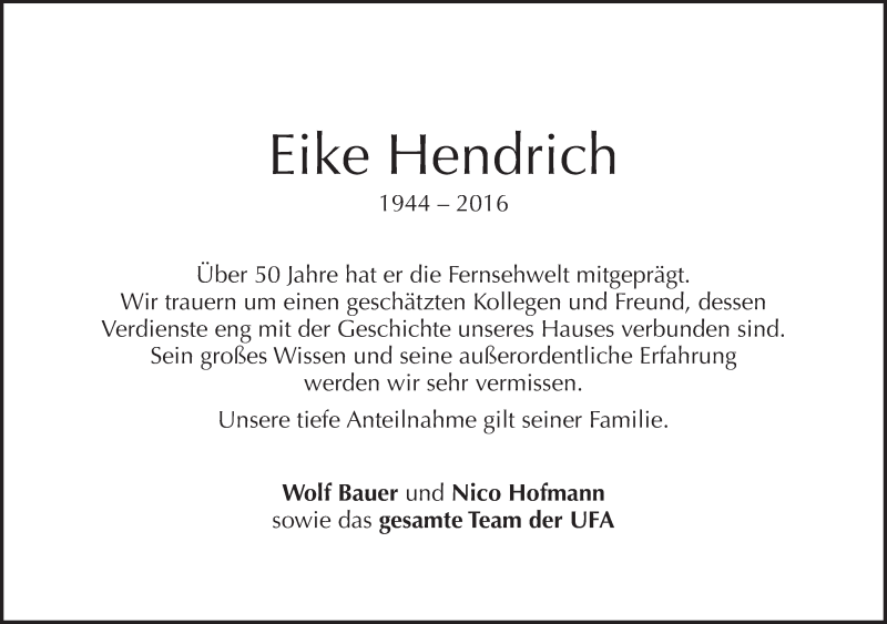  Traueranzeige für Eike Hendrich vom 27.02.2016 aus Tagesspiegel