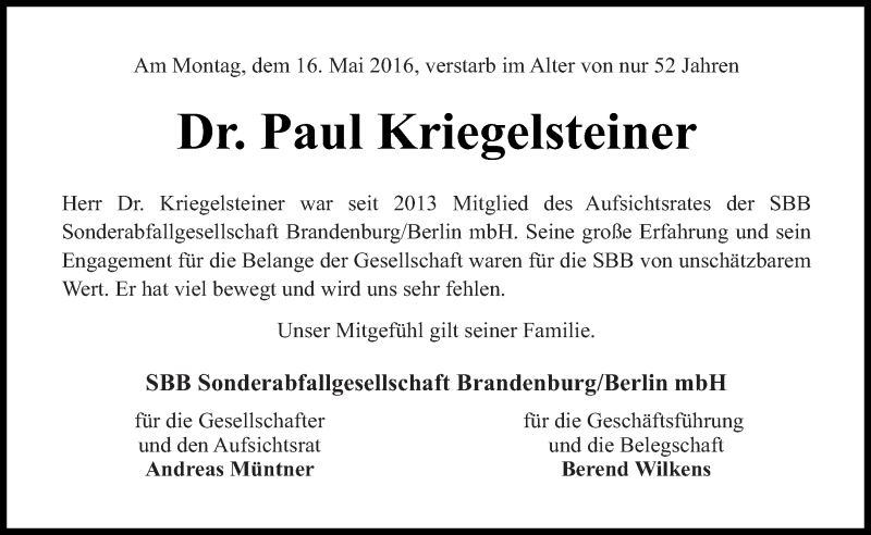 Traueranzeige für Paul Kriegelsteiner vom 22.05.2016 aus Tagesspiegel