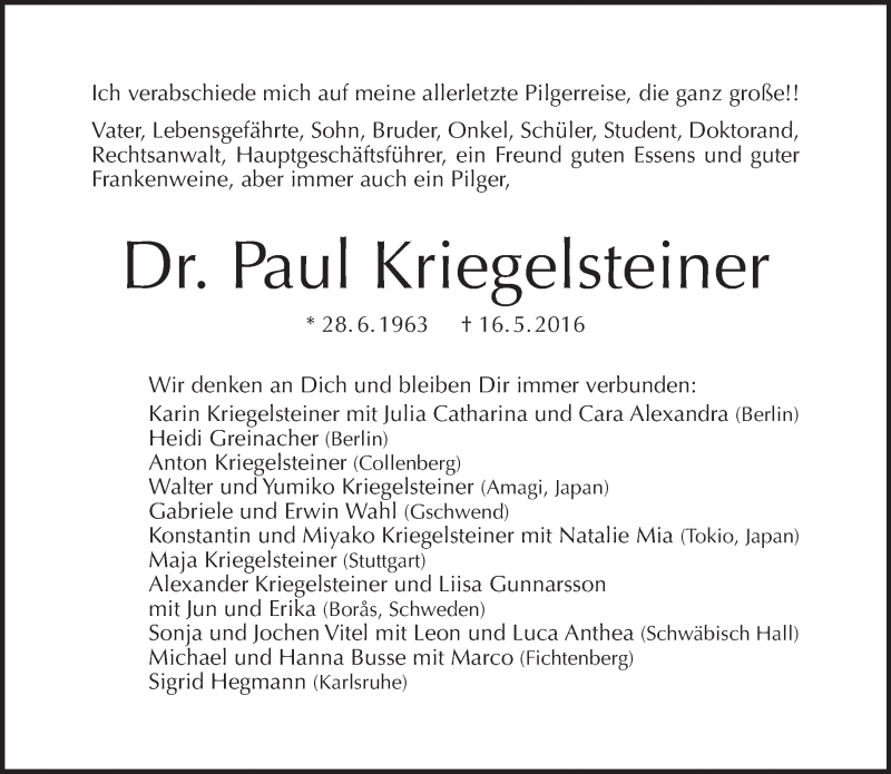  Traueranzeige für Paul Kriegelsteiner vom 22.05.2016 aus Tagesspiegel