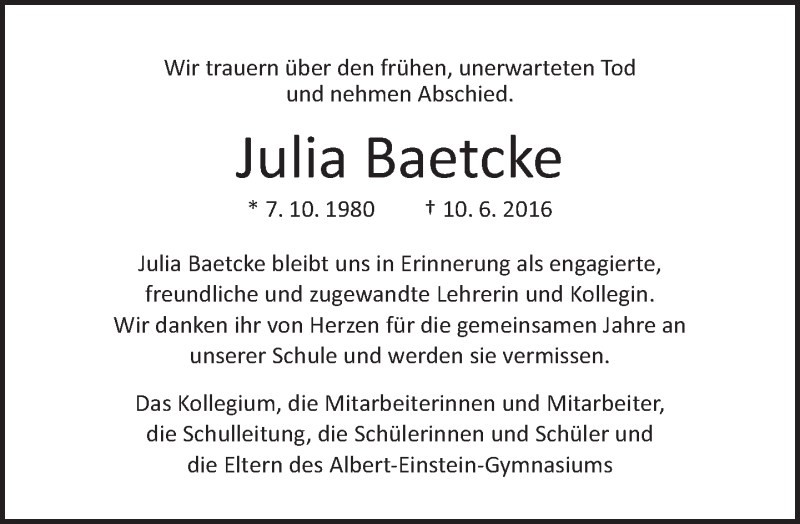  Traueranzeige für Julia Baetcke vom 19.06.2016 aus Tagesspiegel