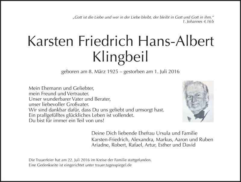  Traueranzeige für Karsten Friedrich Hans-Albert Klingbeil vom 24.07.2016 aus Tagesspiegel