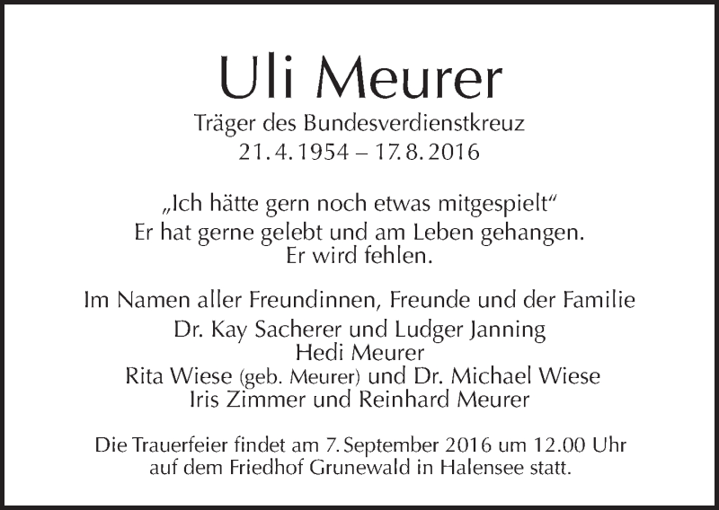  Traueranzeige für Uli Meurer vom 28.08.2016 aus Tagesspiegel