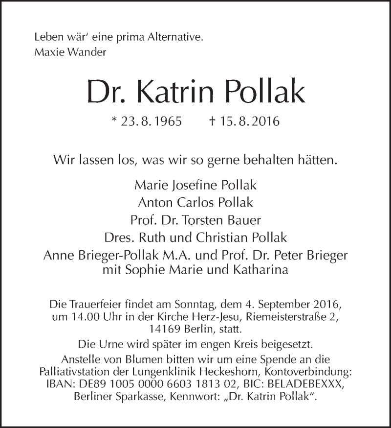  Traueranzeige für Katrin Pollak vom 28.08.2016 aus Tagesspiegel