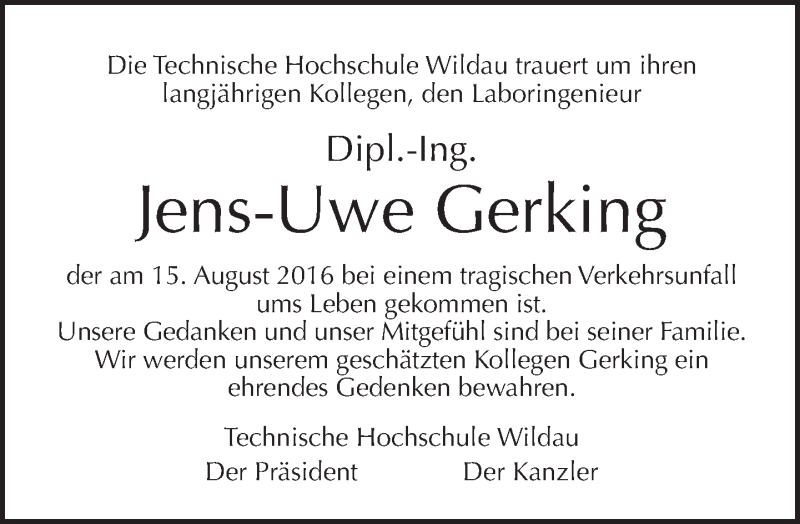  Traueranzeige für Jens-Uwe Gerking vom 18.09.2016 aus Tagesspiegel