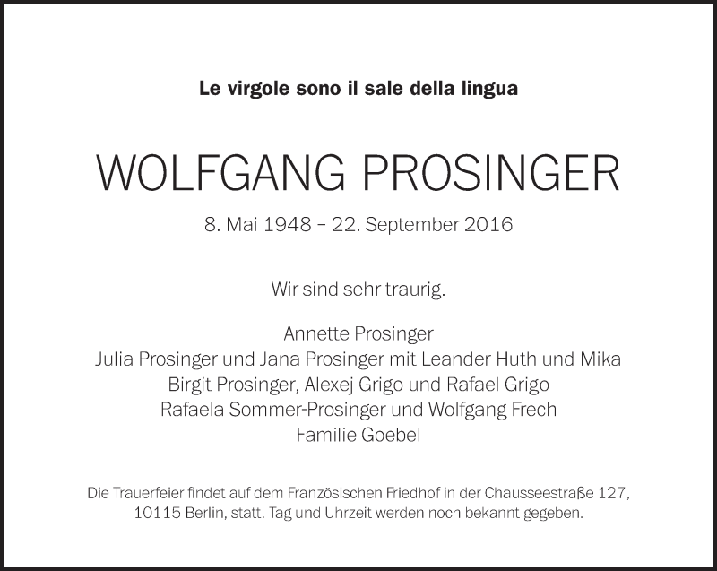  Traueranzeige für Wolfgang Prosinger vom 25.09.2016 aus Tagesspiegel