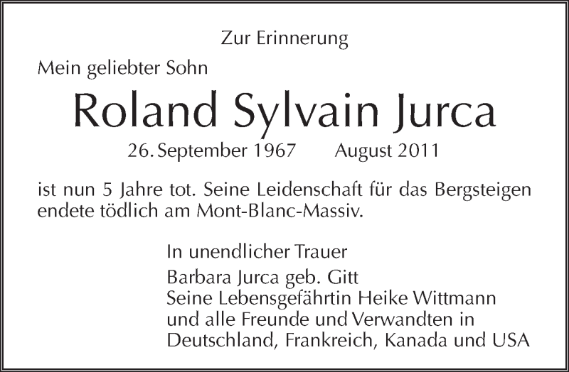  Traueranzeige für Roland Sylvain Jurca vom 25.09.2016 aus Tagesspiegel