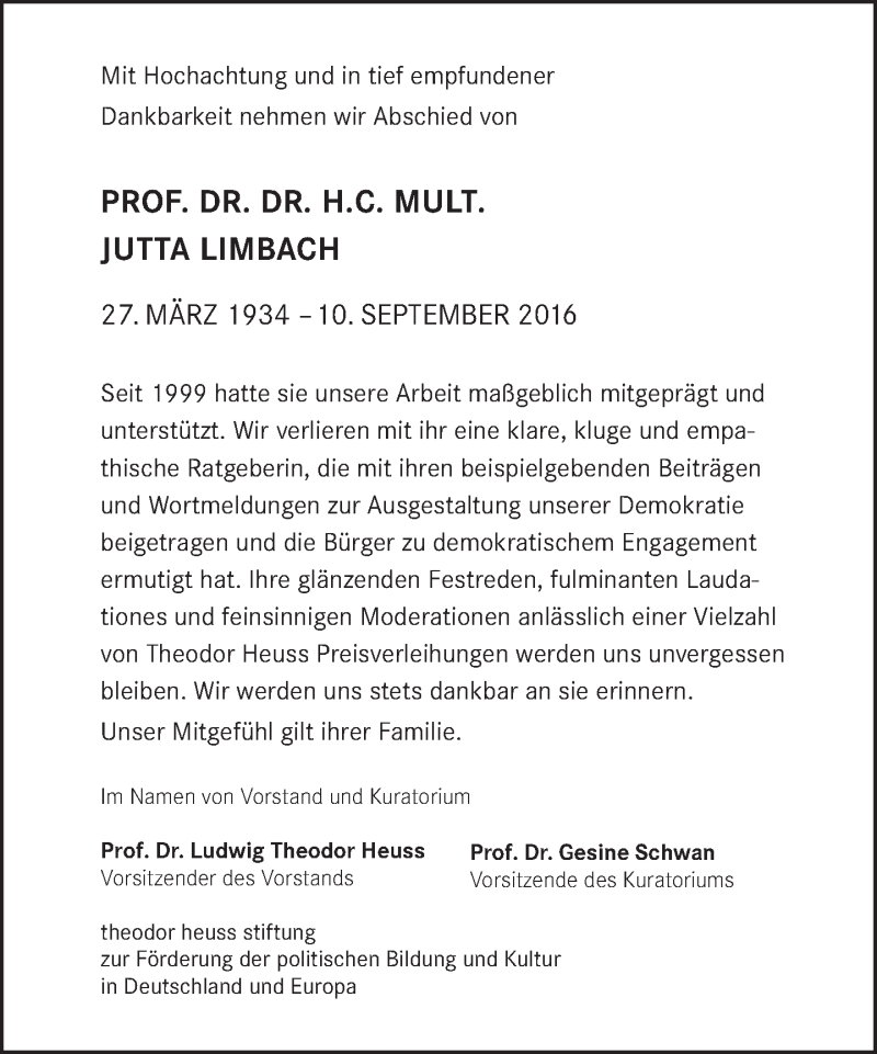  Traueranzeige für Jutta Limbach vom 18.09.2016 aus Tagesspiegel