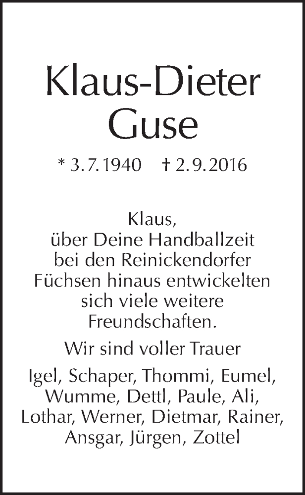  Traueranzeige für Klaus-Dieter Guse vom 11.09.2016 aus Tagesspiegel