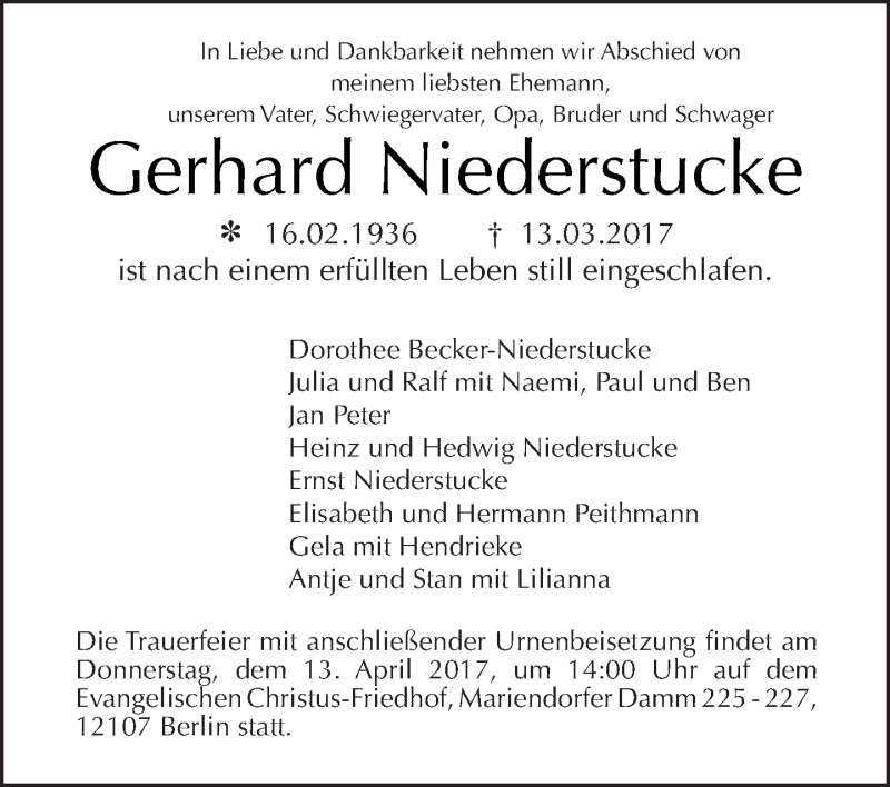  Traueranzeige für Gerhard Niederstucke vom 19.03.2017 aus Tagesspiegel
