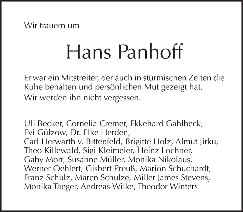  Traueranzeige für Hans Panhoff vom 19.03.2017 aus Tagesspiegel