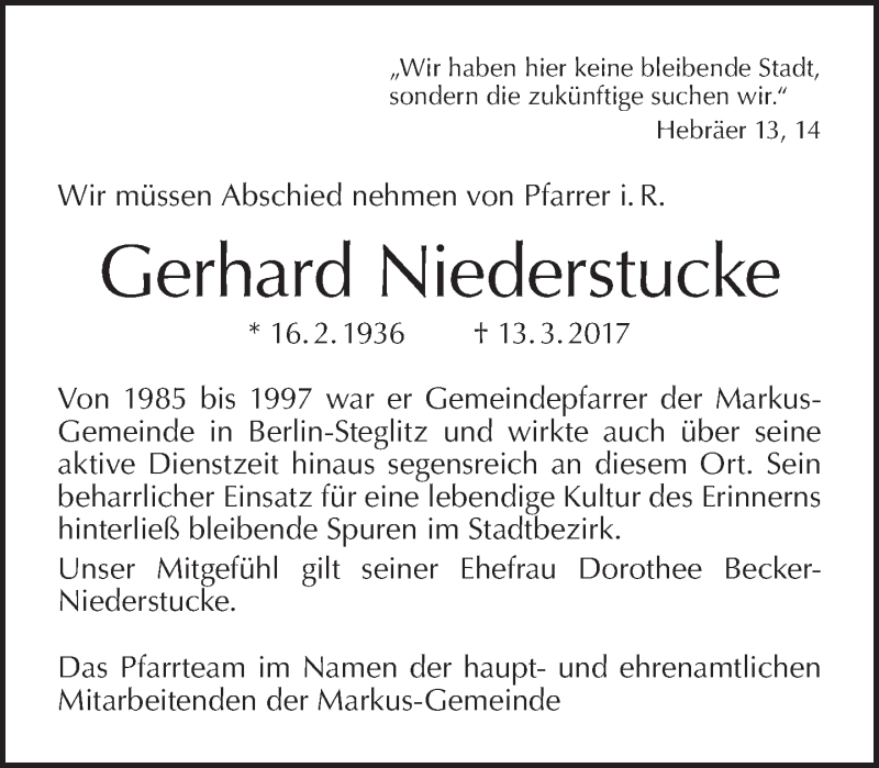  Traueranzeige für Gerhard Niederstucke vom 26.03.2017 aus Tagesspiegel