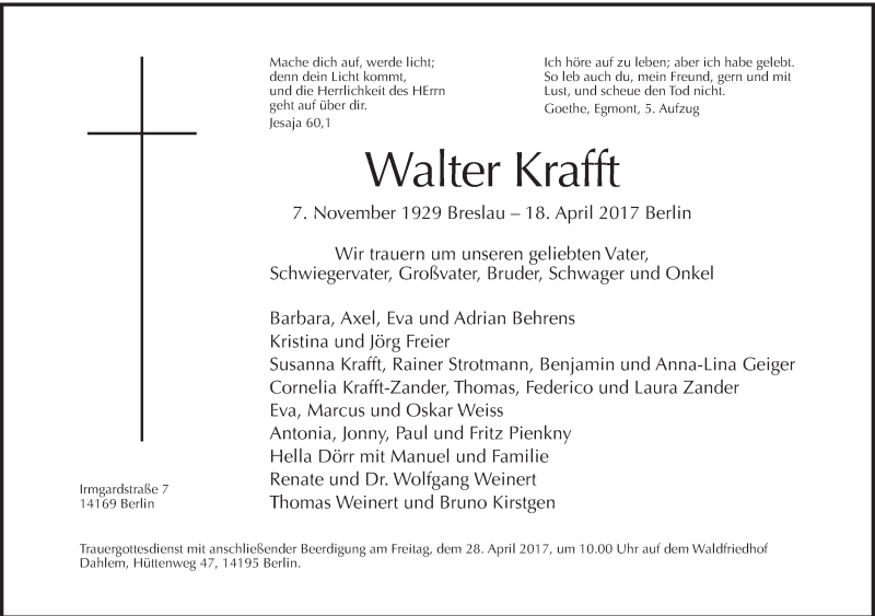  Traueranzeige für Walter Krafft vom 23.04.2017 aus Tagesspiegel