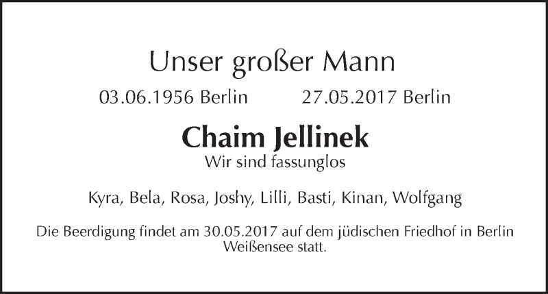  Traueranzeige für Chaim Jellinek vom 30.05.2017 aus Tagesspiegel