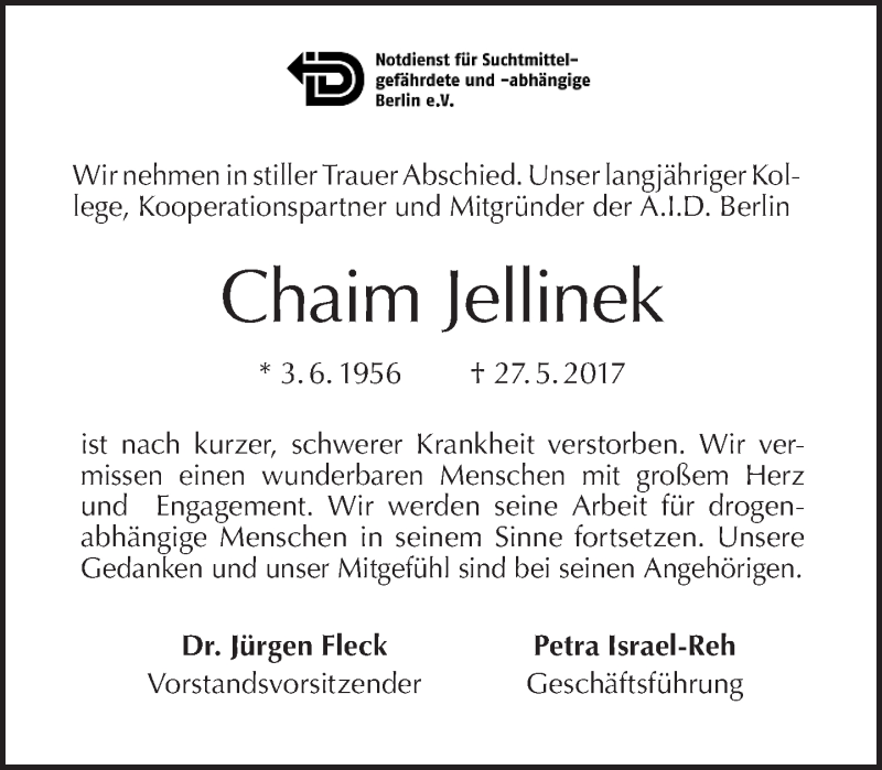  Traueranzeige für Chaim Jellinek vom 04.06.2017 aus Tagesspiegel