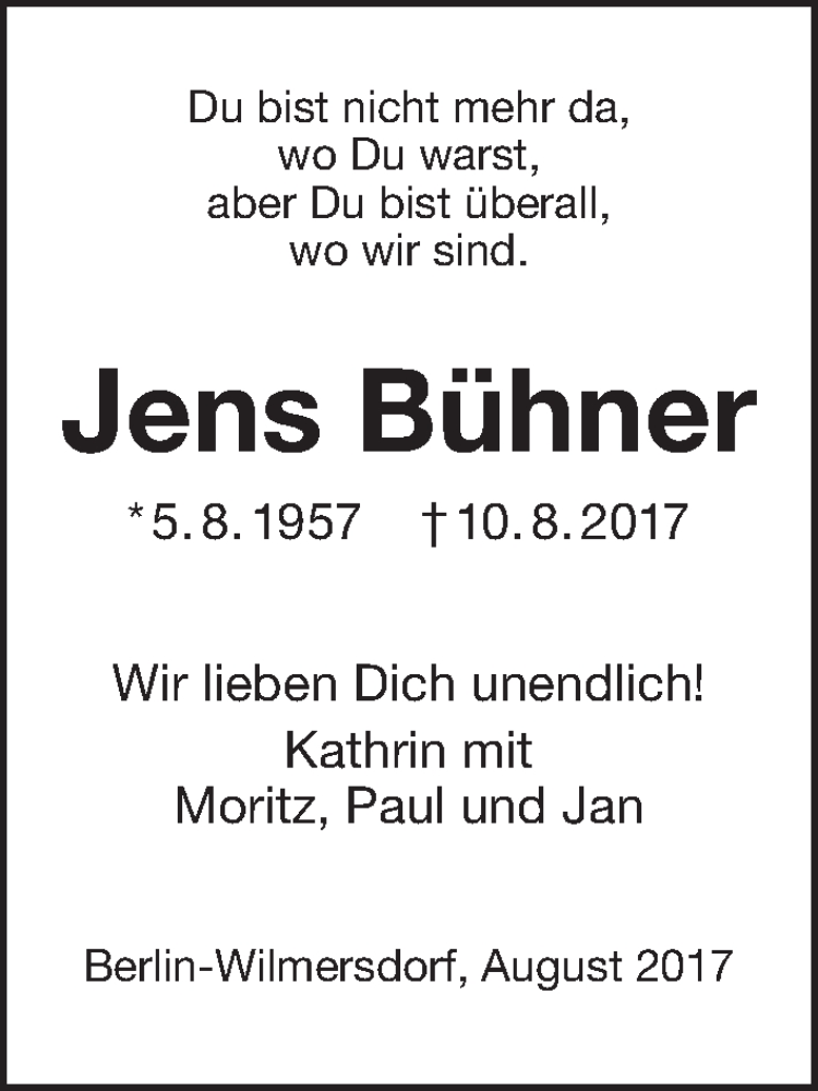  Traueranzeige für Jens Bühner vom 20.08.2017 aus Tagesspiegel