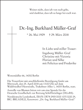 Traueranzeige von Burkhard Müller-Graf von Tagesspiegel