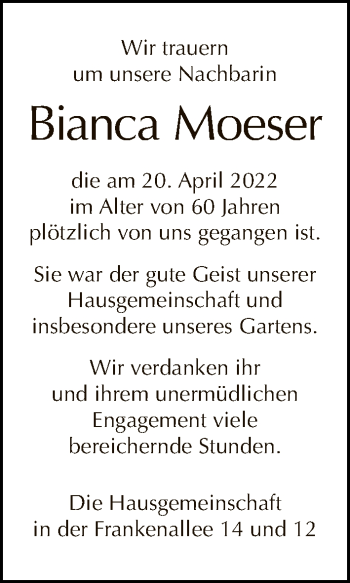 Traueranzeige von Bianca Moeser von Tagesspiegel