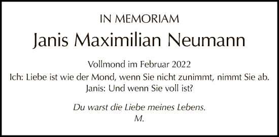 Traueranzeige von Janis Maximilian Neumann von Tagesspiegel