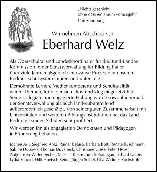 Traueranzeige von Eberhard Welz von Tagesspiegel