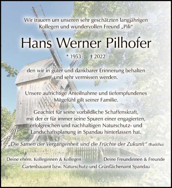 Traueranzeige von Hans Werner Pilhofer von Tagesspiegel