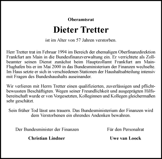 Traueranzeige von Dieter Tretter von Tagesspiegel