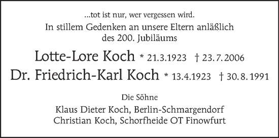 Traueranzeige von Lotte-Lore und Friedrich-Karl Koch von Tagesspiegel