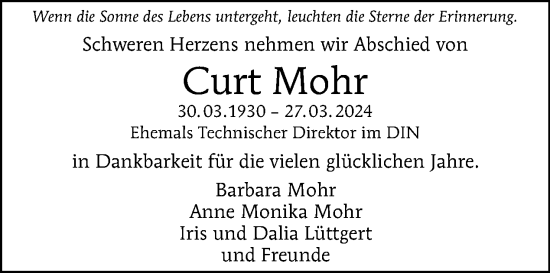 Traueranzeige von Curt Mohr von Tagesspiegel