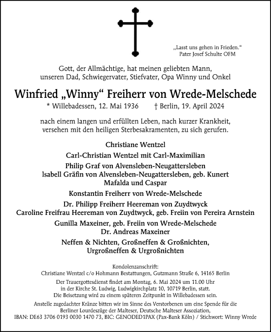 Traueranzeige von Winfried  Wrede-Melschede von Tagesspiegel