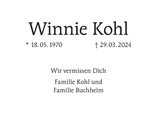 Traueranzeige von Winnie Kohl von Tagesspiegel