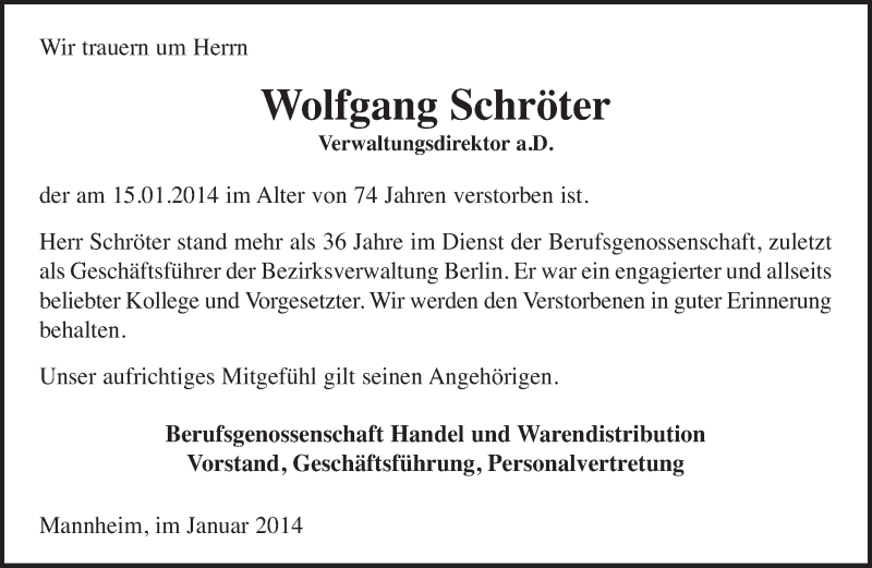  Traueranzeige für Wolfgang Schröter vom 26.01.2014 aus Tagesspiegel
